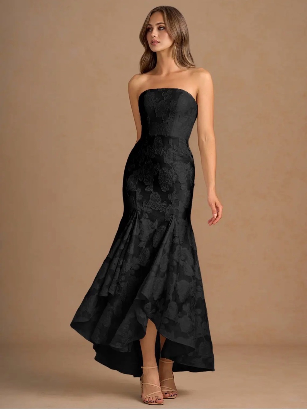 Azazie Black Strapless High-Low Jacquard Mermaid Gown